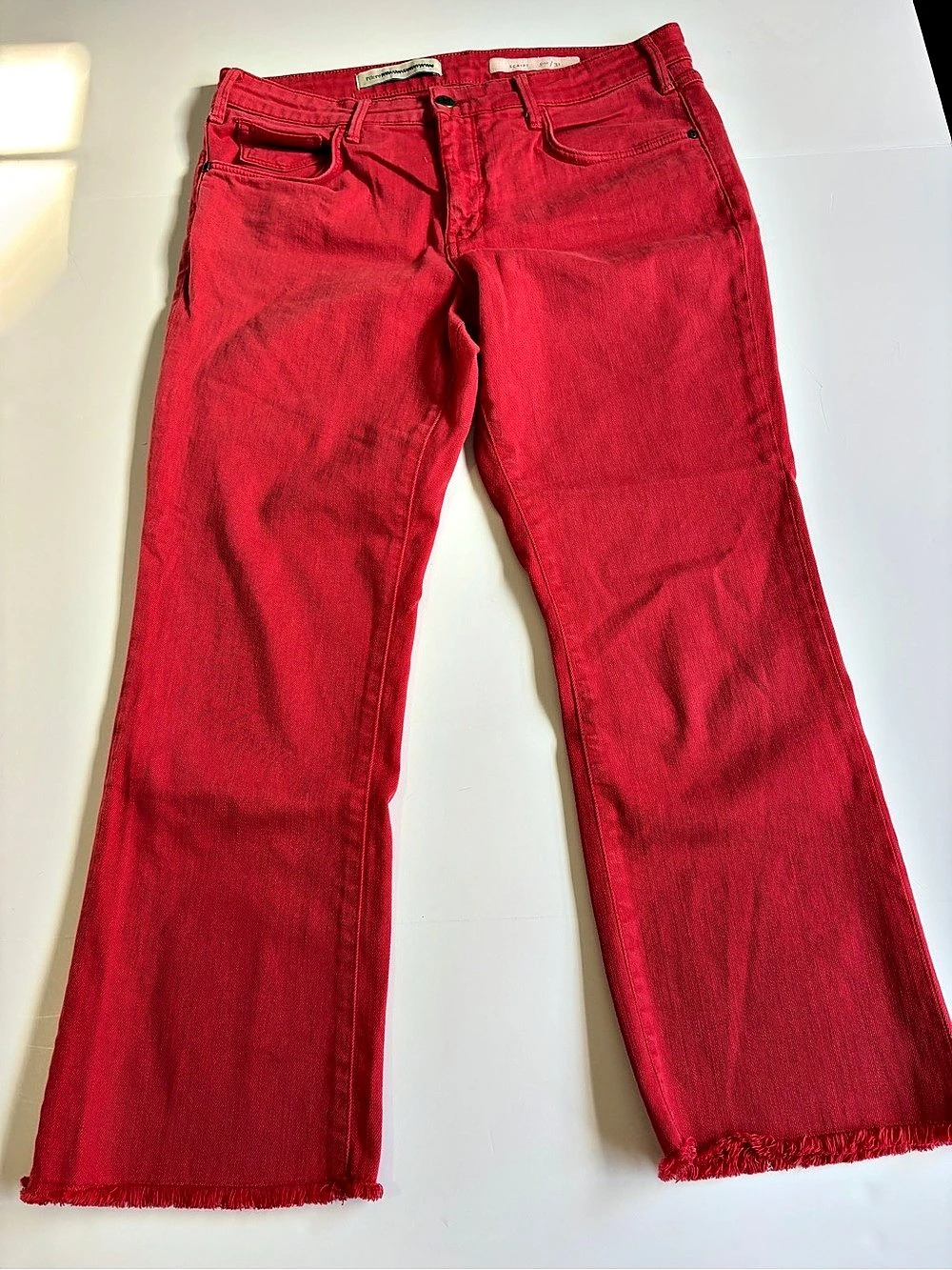 Pilcro Script Red Cropped Flare Jeans Raw Frayed Hem - Size 31
